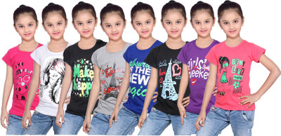 

IndiWeaves Girls Printed Cotton T Shirt(Multicolor, Pack of 8, Black;blue;grey;pink;purple;red;white