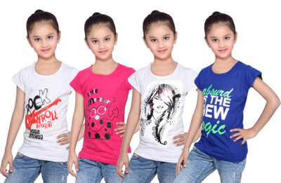 

IndiWeaves Girls Printed Cotton T Shirt(Multicolor, Pack of 4, Blue;pink;white