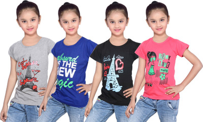 

IndiWeaves Girls Printed Cotton T Shirt(Multicolor, Pack of 4, Black;blue;grey;red