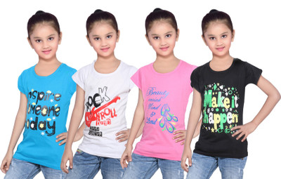 

IndiWeaves Girls Printed Cotton T Shirt(Multicolor, Pack of 4, Black;blue;pink;white