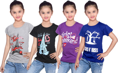 

IndiWeaves Girls Printed Cotton T Shirt(Multicolor, Pack of 4, Black;blue;grey;purple