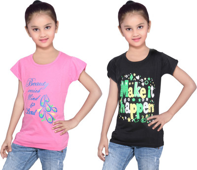 

IndiWeaves Girls Printed Cotton T Shirt(Multicolor, Pack of 2, Black;pink