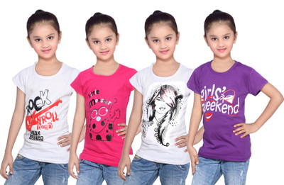 

IndiWeaves Girls Printed Cotton T Shirt(Multicolor, Pack of 4, Pink;purple;white