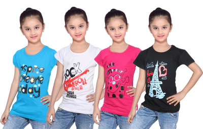 

IndiWeaves Girls Printed Cotton T Shirt(Multicolor, Pack of 4, Black;blue;pink;white