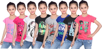 

IndiWeaves Girls Printed Cotton T Shirt(Multicolor, Pack of 8, Black;blue;grey;pink;red;white