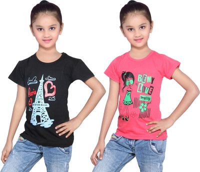 

IndiWeaves Girls Printed Cotton T Shirt(Multicolor, Pack of 2, Black;red
