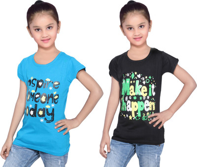 

IndiWeaves Girls Printed Cotton T Shirt(Multicolor, Pack of 2, Black;blue