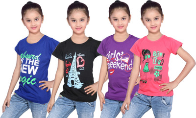 

IndiWeaves Girls Printed Cotton T Shirt(Multicolor, Pack of 4, Black;blue;purple;red