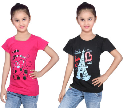 

IndiWeaves Girls Printed Cotton T Shirt(Multicolor, Pack of 2, Black;pink