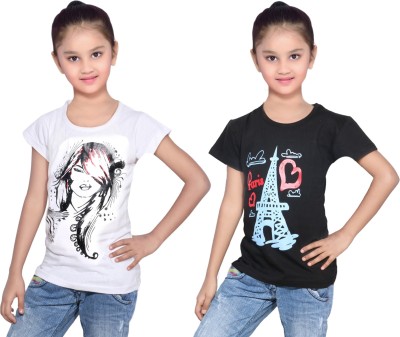 

IndiWeaves Girls Printed Cotton T Shirt(Multicolor, Pack of 2, Black;white