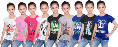 

IndiWeaves Girls Printed Cotton T Shirt(Multicolor, Pack of 9, Black;blue;grey;pink;white