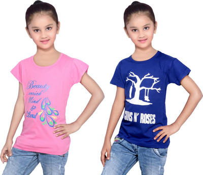 

IndiWeaves Girls Printed Cotton T Shirt(Multicolor, Pack of 2, Blue;pink