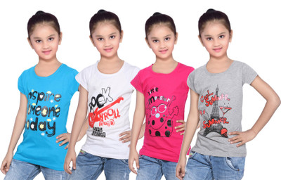 

IndiWeaves Girls Printed Cotton T Shirt(Multicolor, Pack of 4, Blue;grey;pink;white