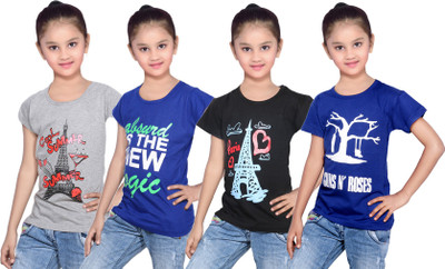 

IndiWeaves Girls Printed Cotton T Shirt(Multicolor, Pack of 4, Black;blue;grey