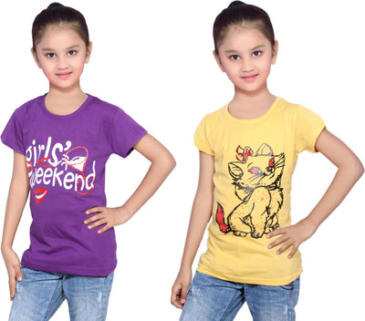 

IndiWeaves Girls Printed Cotton T Shirt(Multicolor, Pack of 2, Purple;yellow