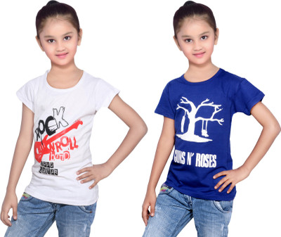 

IndiWeaves Girls Printed Cotton T Shirt(Multicolor, Pack of 2, Blue;white
