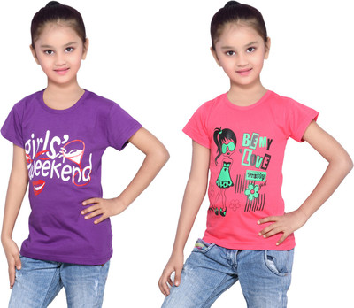 

IndiWeaves Girls Printed Cotton T Shirt(Multicolor, Pack of 2, Purple;red