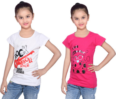 

IndiWeaves Girls Printed Cotton T Shirt(Multicolor, Pack of 2, Pink;white