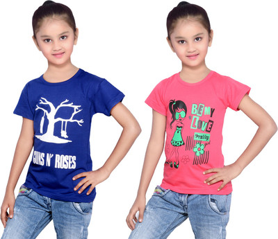 

IndiWeaves Girls Printed Cotton T Shirt(Multicolor, Pack of 2, Blue;red