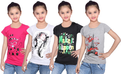 

IndiWeaves Girls Printed Cotton T Shirt(Multicolor, Pack of 4, Black;grey;pink;white