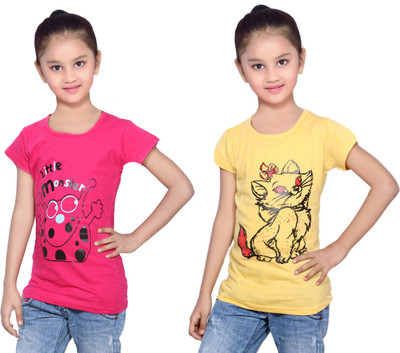 

IndiWeaves Girls Printed Cotton T Shirt(Multicolor, Pack of 2, Pink;yellow