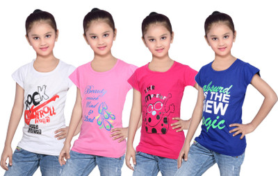 

IndiWeaves Girls Printed Cotton T Shirt(Multicolor, Pack of 4, Blue;pink;white