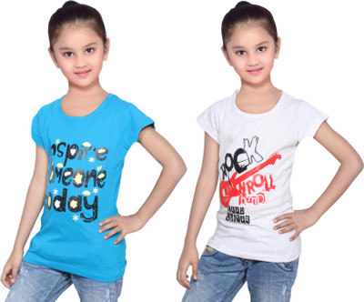 

IndiWeaves Girls Printed Cotton T Shirt(Multicolor, Pack of 2, Blue;white