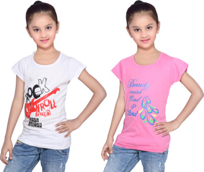 

IndiWeaves Girls Printed Cotton T Shirt(Multicolor, Pack of 2, Pink;white
