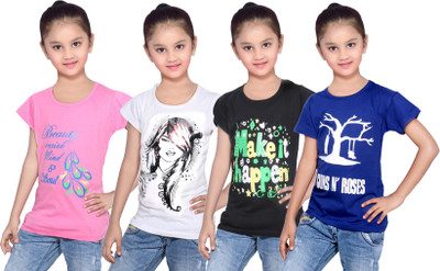 

IndiWeaves Girls Printed Cotton T Shirt(Multicolor, Pack of 4, Black;blue;pink;white
