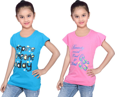 

IndiWeaves Girls Printed Cotton T Shirt(Multicolor, Pack of 2, Blue;pink