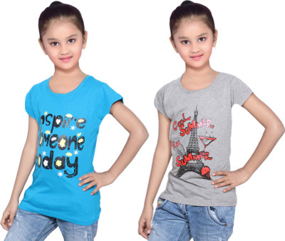 

IndiWeaves Girls Printed Cotton T Shirt(Multicolor, Pack of 2, Blue;grey