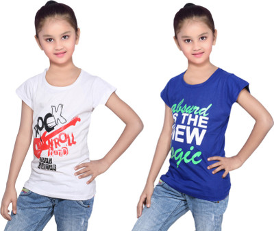 

IndiWeaves Girls Printed Cotton T Shirt(Multicolor, Pack of 2, Blue;white