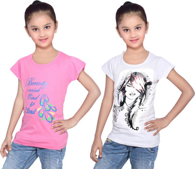 

IndiWeaves Girls Printed Cotton T Shirt(Multicolor, Pack of 2, Pink;white