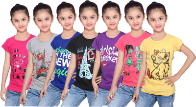 

IndiWeaves Girls Printed Cotton T Shirt(Yellow, Pack of 7, Black;blue;grey;pink;purple;red;yellow