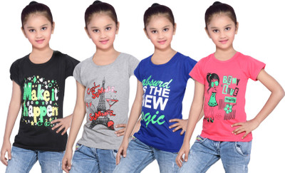 

IndiWeaves Girls Printed Cotton T Shirt(Multicolor, Pack of 4, Black;blue;grey;red