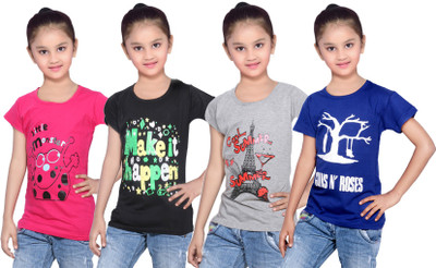 

IndiWeaves Girls Printed Cotton T Shirt(Multicolor, Pack of 4, Black;blue;grey;pink