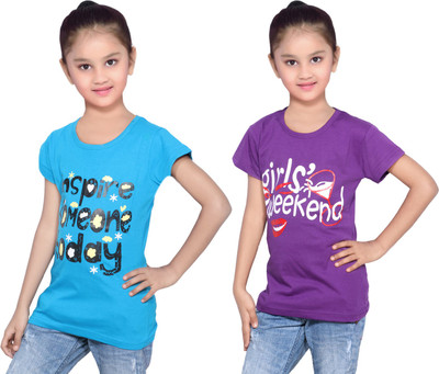

IndiWeaves Girls Printed Cotton T Shirt(Multicolor, Pack of 2, Blue;purple