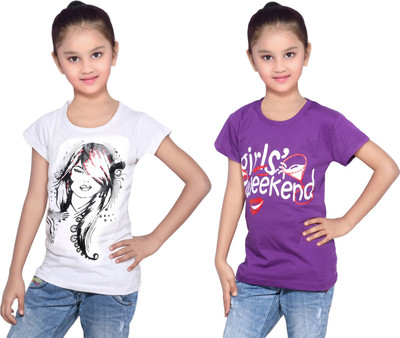 

IndiWeaves Girls Printed Cotton T Shirt(Multicolor, Pack of 2, Purple;white