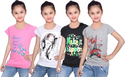 

IndiWeaves Girls Printed Cotton T Shirt(Multicolor, Pack of 4, Black;grey;pink;white