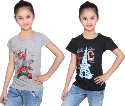 

IndiWeaves Girls Printed Cotton T Shirt(Multicolor, Pack of 2, Black;grey