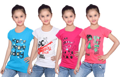 

IndiWeaves Girls Printed Cotton T Shirt(Multicolor, Pack of 4, Blue;pink;red;white