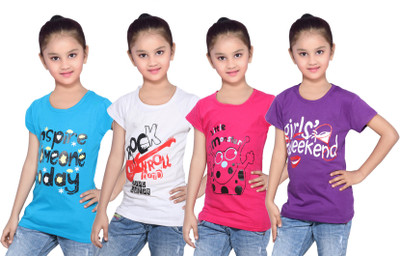 

IndiWeaves Girls Printed Cotton T Shirt(Multicolor, Pack of 4, Blue;pink;purple;white