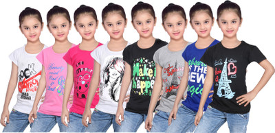 

IndiWeaves Girls Printed Cotton T Shirt(Multicolor, Pack of 8, Black;blue;grey;pink;white