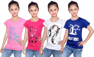 

IndiWeaves Girls Printed Cotton T Shirt(Multicolor, Pack of 4, Blue;pink;white