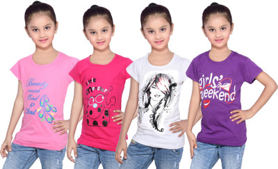 

IndiWeaves Girls Printed Cotton T Shirt(Multicolor, Pack of 4, Pink;purple;white