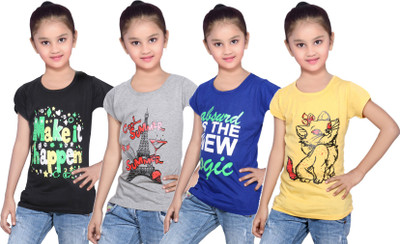 

IndiWeaves Girls Printed Cotton T Shirt(Multicolor, Pack of 4, Black;blue;grey;yellow