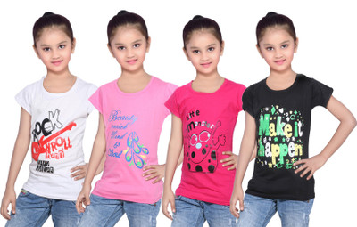 

IndiWeaves Girls Printed Cotton T Shirt(Multicolor, Pack of 4, Black;pink;white