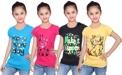 

IndiWeaves Girls Printed Cotton T Shirt(Multicolor, Pack of 4, Black;blue;pink;yellow