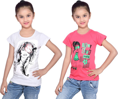 

IndiWeaves Girls Printed Cotton T Shirt(Multicolor, Pack of 2, Red;white