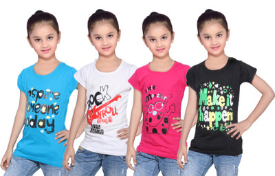 

IndiWeaves Girls Printed Cotton T Shirt(Multicolor, Pack of 4, Black;blue;pink;white